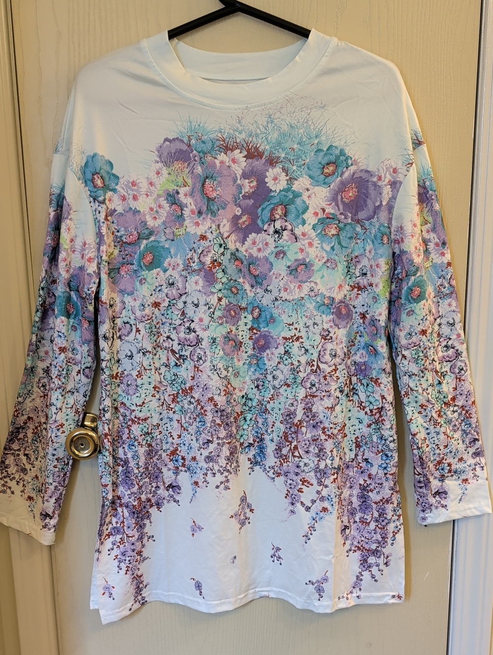 Floral Watercolor Long Sleeve Top Women's Size L | Purple Teal Print Blouse